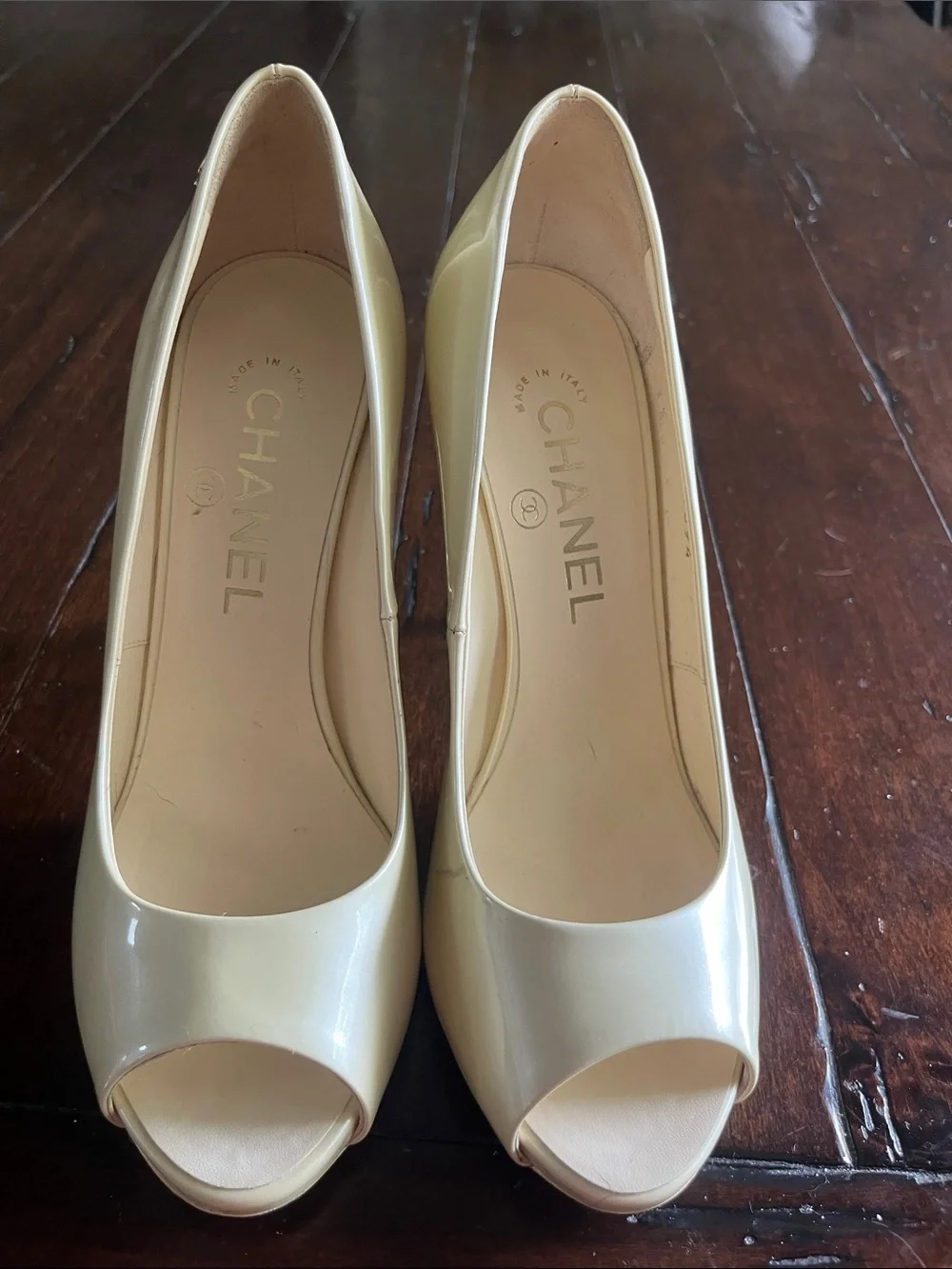CHANEL Ivory Peep-Toe Pumps